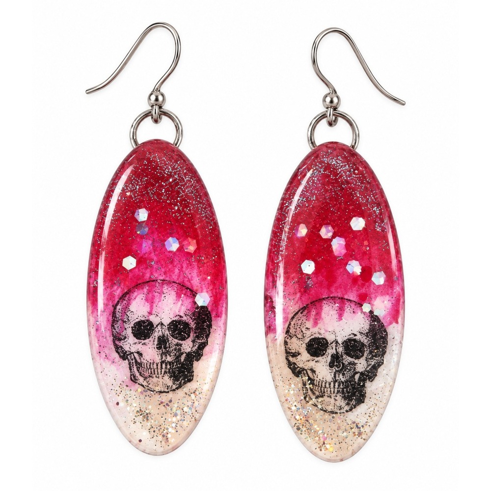 Fuchsia Skull Resin Dangle Earrings Red Glitter Goth Spooky Halloween OOAK